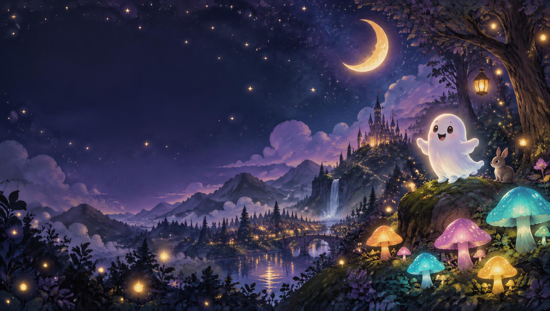 A friendly glowing ghost beside colourful mushrooms under a crescent moon and a starry castle sky